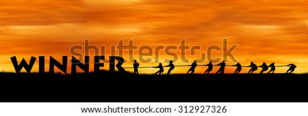 concept success,Silhouette of people show power pull rope wording winner sunset background