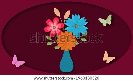 paper cut aut style illustration depicting wildflowers in vazhe surrounded by butterflies on a burgundy background Stock fotó © 