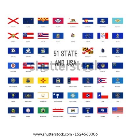 USA Flag Set Icon Collection United States Of America Flags. USA 51 States Texas New York Washington California Hawaii Pennsylvania Iowa Oregon Florida Ohio Flags Set With Names. Vector Illustration