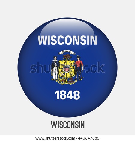 Wisconsin flag in circle shape. Transparent,glossy,glass button