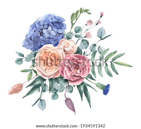 Watercolor hand drawn rose, hydrangea and eucalyptus bouquet. Perfect for invitation and social media.