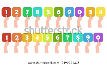 A long line of cartoon numbers on cards held in hands from 1 to 0