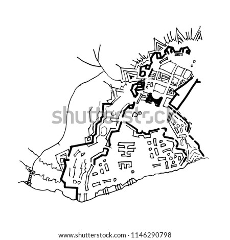 Urban plan of a city, old village. Doodle city map. Vector city drawing. Street map. Futuristic Megalopolis City Basis Plan.