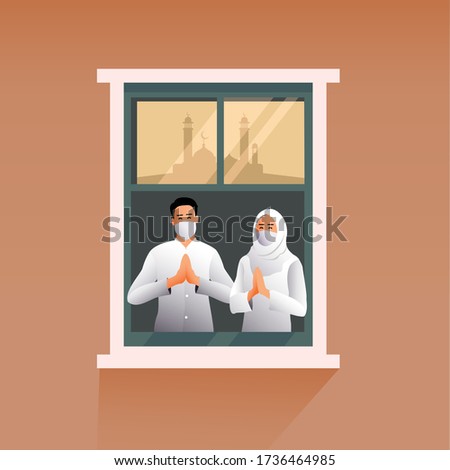 Flat design eid mubarak with man and woman praying for stay at home campaign Imagine de stoc © 