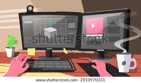 3d Designer in the creative process vector illustration. A man is sitting at his workplace and working on a new 3D art project. 3d modeler work