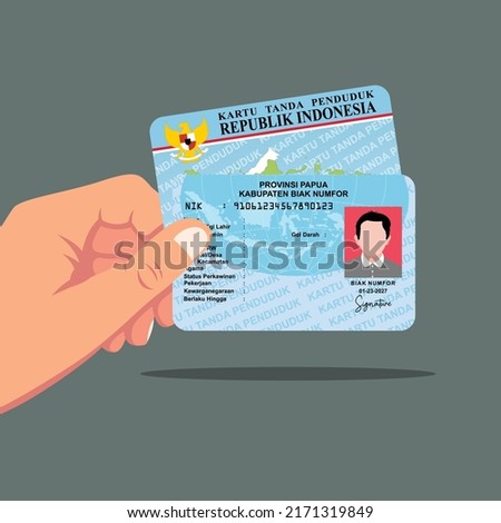 Hand holding KTP or ID card. Vector illustration flat design. Indonesia