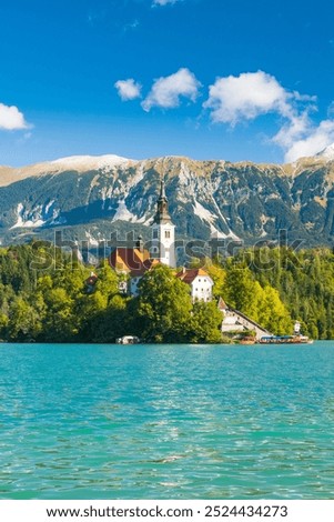 Similar – Image, Stock Photo Lake Bled and island with church and castle on the rock in the background in summer, Slovenia, Europe