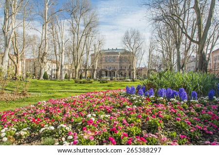Park Zrinjevac and Croatian academy of science and arts in Zagreb, in spring