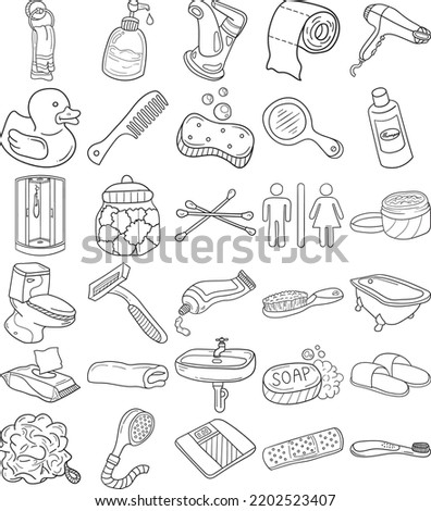 Bathroom Hand Drawn Doodle Line Art Outline Set Containing Comb, Brush, Bathtub, Toothbrush, Toothpaste, Shower stall, Mirror, Sink, Faucet, Liquid soap, Toilet, Towel, Hairdryer, Shampoo, Soap