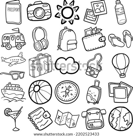 Travel Hand Drawn Doodle Line Art Outline Set Containing Travel, passport, sunglasses, sun, pictures, plastic bottle, bus, headphone, backpack, map, wallet, flip flop, airplane, baggage, suitcase