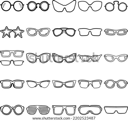 Glasses Hand Drawn Doodle Line Art Outline Set Containing Glasses, sunglasses, eyeglasses, spectacles, Round, Oval, Boston Model, Square, Wellington Model, Flat Top
