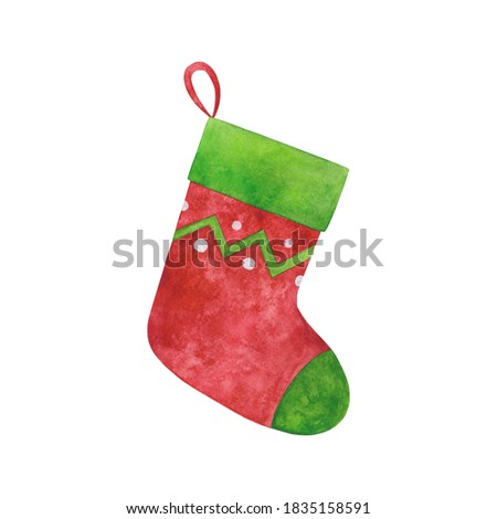 Watercolor hand drawn Christmas stocking clipart. Red and green New Year sock on white background. Cute winter decoration.