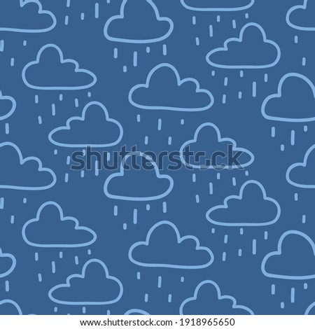 Vector blue clouds on blue background seamless pattern. Rainy doodle print for textile, fabric, wallpaper, wrapping paper, design and decoration.