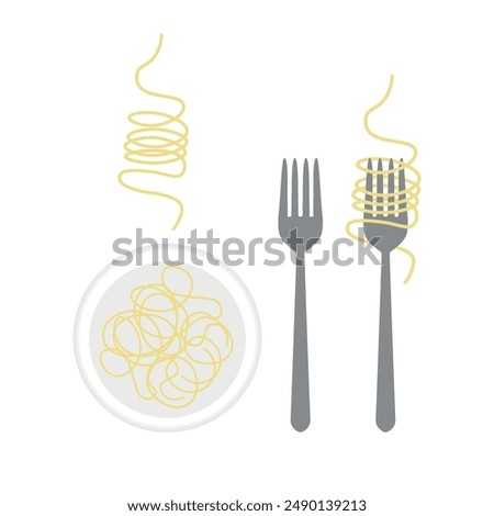 Set of flat illustration of pasta on a plate, fork and fork with wrapped pasta. Simple vector illustration. Icon for design of spaghetti packaging.