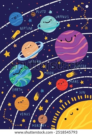 Cartoon planets. Solar system for kids. Galaxy. Mercury, Venus, Mars, Earth, Saturn, Uranus, Pluto, Jupiter, Neptune, Sun. Funny planets for children. Flat vector illustration.