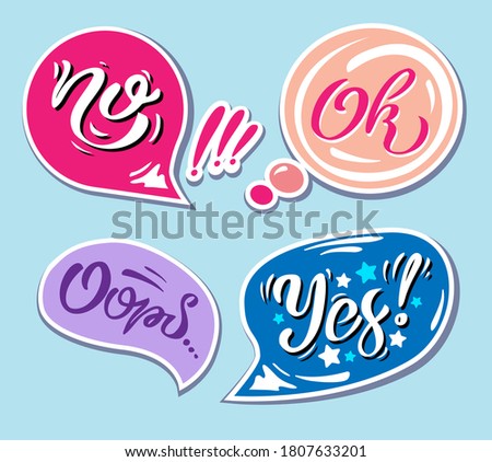 A set of Lettering compositions with the words No, Yes, Ok, Oops can be used as a Sticker. Vector Illustration
