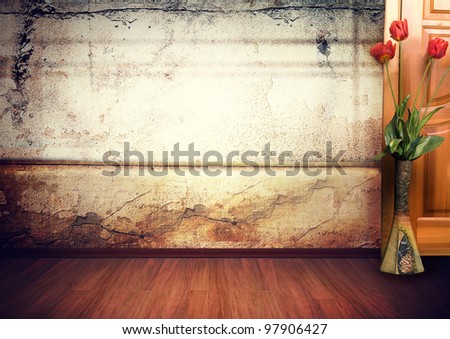 grunge interior,   rusty wall ,wooden floor, door and  vase