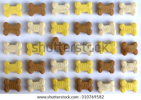 Dog treats shaped like little bones, organized. One treat breaks the pattern.