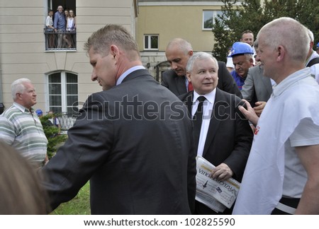 WARSAW, POLAND - MAY 11: J.Kaczynski, leader of the Law & Justice party, meets with the members of Solidarity trade union, during a protest against the pension reform on May 11, 2012 in Warsaw, Poland