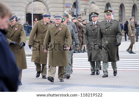 WARSAW - NOVEMBER 11 : Polish and foreign military commanders arrive at the celebrations of the 92nd anniversary Polish Independence Day on Nov 11, 2010 in Warsaw, Poland.