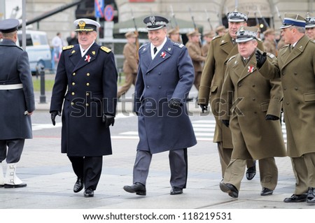 WARSAW - NOVEMBER 11 : Polish military commanders arrive at the celebrations of the 92nd anniversary Polish Independence Day on Nov 11, 2010 in Warsaw, Poland