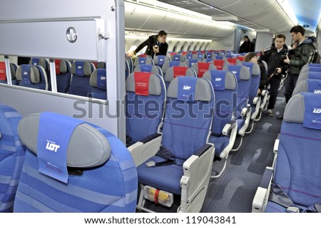 WARSAW, POLAND - NOVEMBER 16: The interior of the new Boeing 787 Dreamliner - First Dreamliner purchased by Polish national carrier LOT - on November 16, 2012 in Warsaw, Poland.