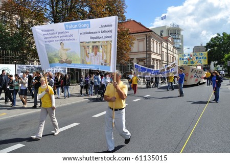 WARSAW - AUGUST 29: Activists Falun Gong at the Multicultural Warsaw Street Party  on August 29, 2010 in Warsaw, Poland.