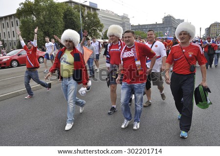 WARSAW, POLAND - JUNE 12, 2012 - Russia fans at the Warsaw street during the Euro 2012 soccer championship Group A match between Poland and Russia.