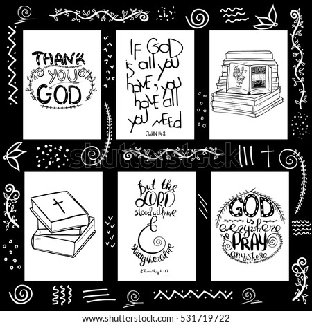 A set of quotations from the Bible. Books and Bible lettering. Brush calligraphy. 
Hand drawing illustration.  Words about God. Vector design.