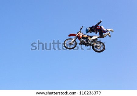 MOSCOW, RUSSIA - JULY 28 : Luzhniki, Massimo Bianconcini performs a motorcycle stunt trick at Freestyle Motocross session during Moscow City Games on July 28, 2012 in Moscow.