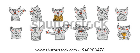 Set of  doodle emotions of cat. 12 icons with cat's positive and negative emotion. Happy, bored, shocked, suprised, etc. Cute cartoon character. Anime collection. Vector images isolated on white 