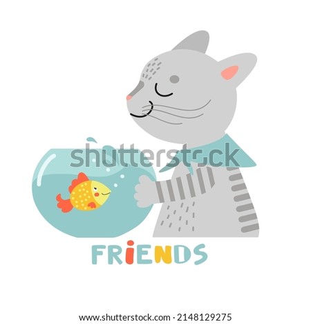 Cat and fish are forever friends. Cute little kitten watching of swimming goldfish  in aquarium. Funny kitty and fishbowl.  Cartoon animal, hand drawn vector illustration isolated. Flat design.