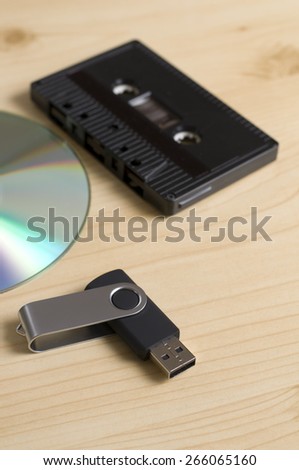 Vintage Look of Recording Media from Cassette, Compact Disk and Memory Stick