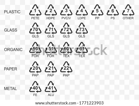 Recycling code arrow icon symbol set. Packaging Recycle logo sign. Vector illustration image. Isolated on background.