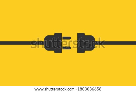 Electric wire Plug and Socket unplugged icon symbol. Internet connection error 404 logo sign. Vector illustration image. Isolated on yellow background.
