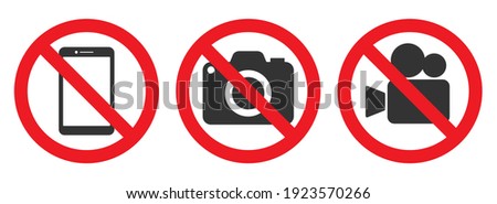 No Photographing prohibition sign symbol icon. Video, photo, phone, prohibited logo pictogram. Vector illustration. Isolated on white background. Foto stock © 