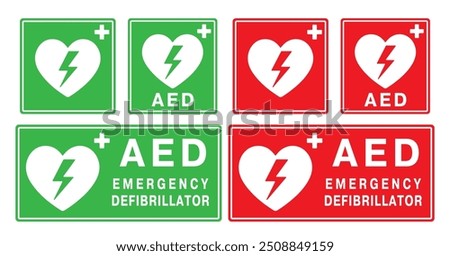  AED emergency defibrillator icon sign symbol. First aid Automated external defibrillator. Vector illustarion. Isolated on white background.