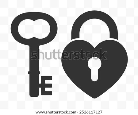 Heart love lock and key icon symbol. Romance couple logo sign. Vector illustration image. Isolated on white background.