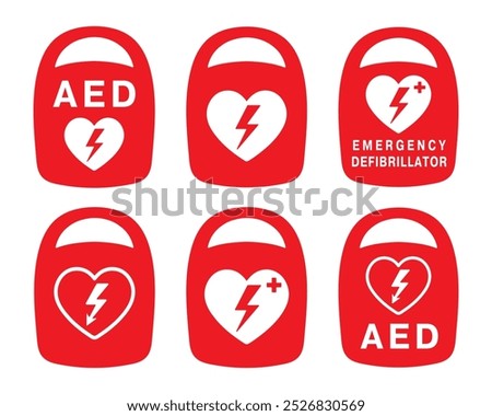 AED emergency defibrillator icon sign symbol. First aid Automated external defibrillator. Vector illustration. Isolated on white background.