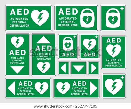 AED emergency defibrillator icon sign symbol. First aid Automated external defibrillator. Vector illustration. Isolated on white background.