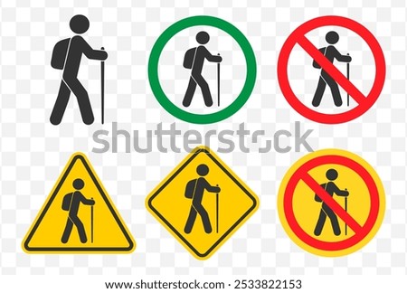 Hiking, path, walking stick icon symbol. Hiker, backpacker logo sign. Journey, Travel vector illustration image. Prohibited, No, Not allowed, Forbidden. 