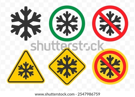 Do not freeze icon symbol set.  No freezing logo sign. Snowflake ice, prohibition, prohibited, not allowed, forbid. Vector illustration. Isolated on white backround.