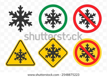 Do not freeze icon symbol set.  No freezing logo sign. Snowflake ice, prohibition, prohibited, not allowed, forbid. Vector illustration. Isolated on white backround.