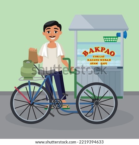 Street vendor selling bakpao meatbun, tukang bakpao keliling vector flat illustration
