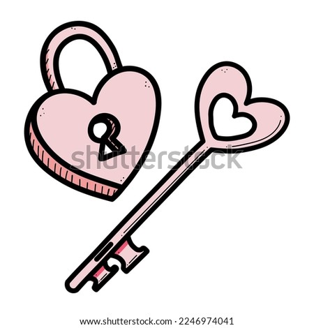 Heart shaped key and lock symbols of love for anniversary, wedding. Padlock vector illustration for Valentines Day.