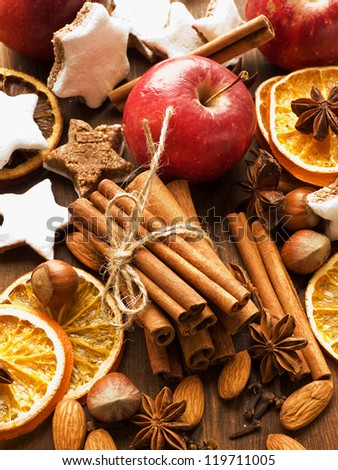 Christmas spices, cookies, nuts and fruits. Shallow dof.