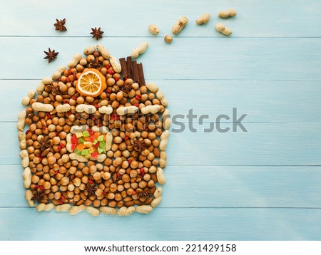 Christmas house made of nuts, berries and anise. Viewed from above.