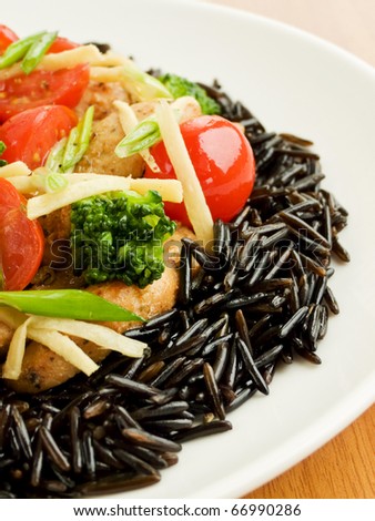 Wild rice with chicken and vegetables. Shallow dof.