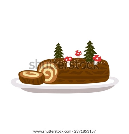 Yule log or Buche de Noel, traditional Christmas French dessert. Vector illustration. 