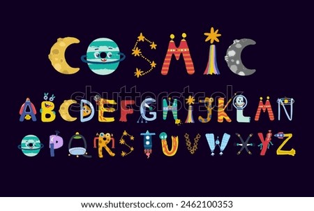 Alphabet with space themed letters on a dark blue background